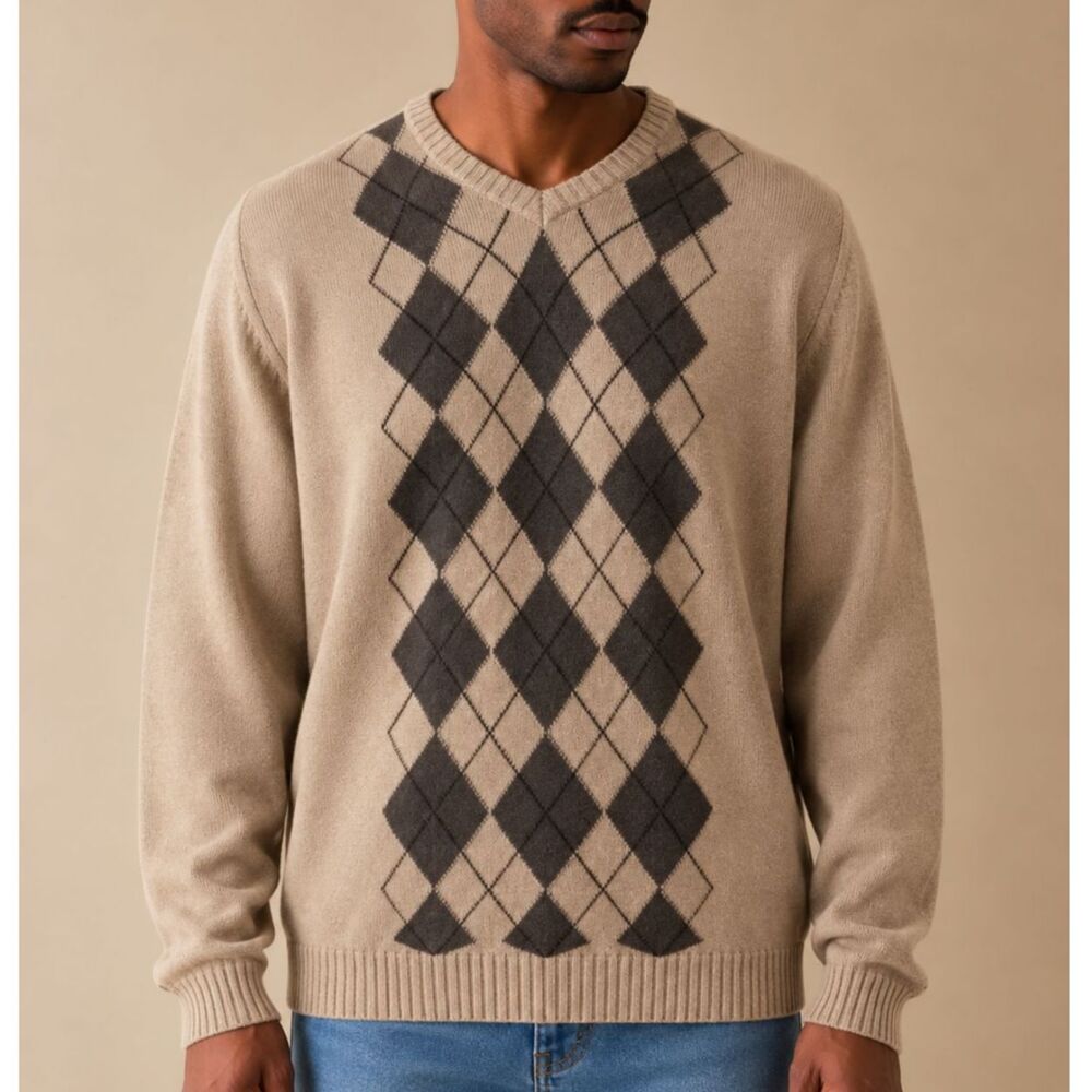 XG Mens Argyle Knit Sweater Size XXL Tan Beige Grandpa Core Academic Vintage